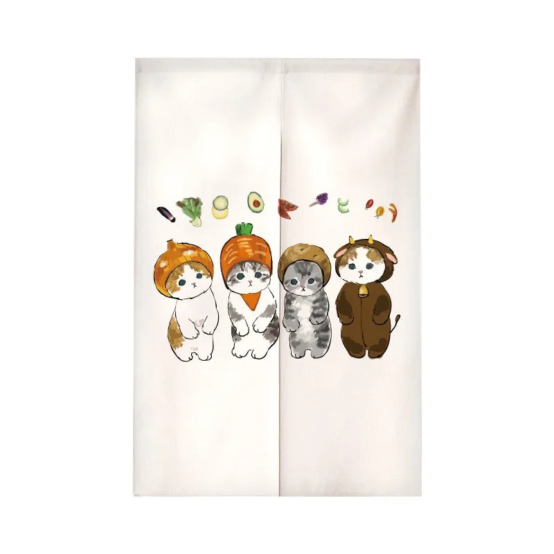 Funny Cat Japanese Noren Door Curtain, Cute Cartoon Hanging Half Curtain for Kitchen, Living Room & Restaurant, Polyester Room Divider for Doorway & Entrance Decor