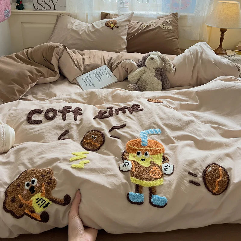 Cute Cartoon Animal Embroidery Bedding Set – 4-Piece Washed Polyester Jacquard Duvet Cover, Flat or Fitted Sheet & Pillowcases