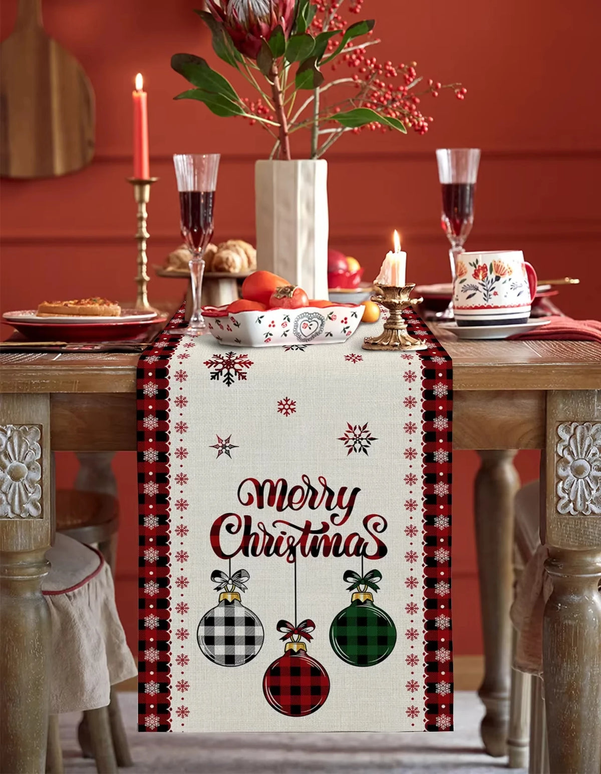 Christmas Plaid Table Runner with Snowflake & Ornament Design, Merry Christmas Holiday Table Decor, Festive Polyester Dining Table Accent for Home, Party & Winter Decor