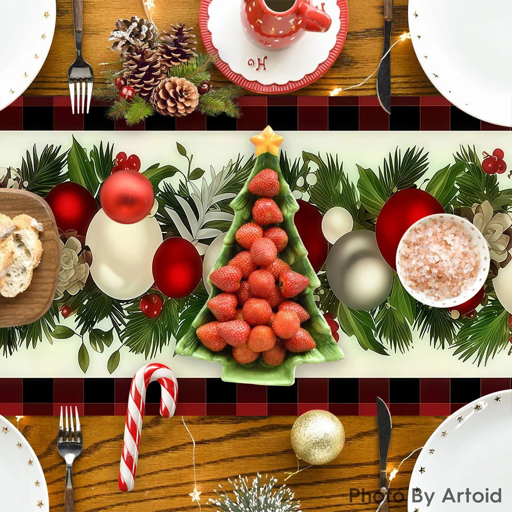 Christmas Table Runner 35×180cm, Red & Black Buffalo Plaid with Pine Cone, Berry, Pine Leaf & Christmas Ball Design, Polyester Holiday Table Decor
