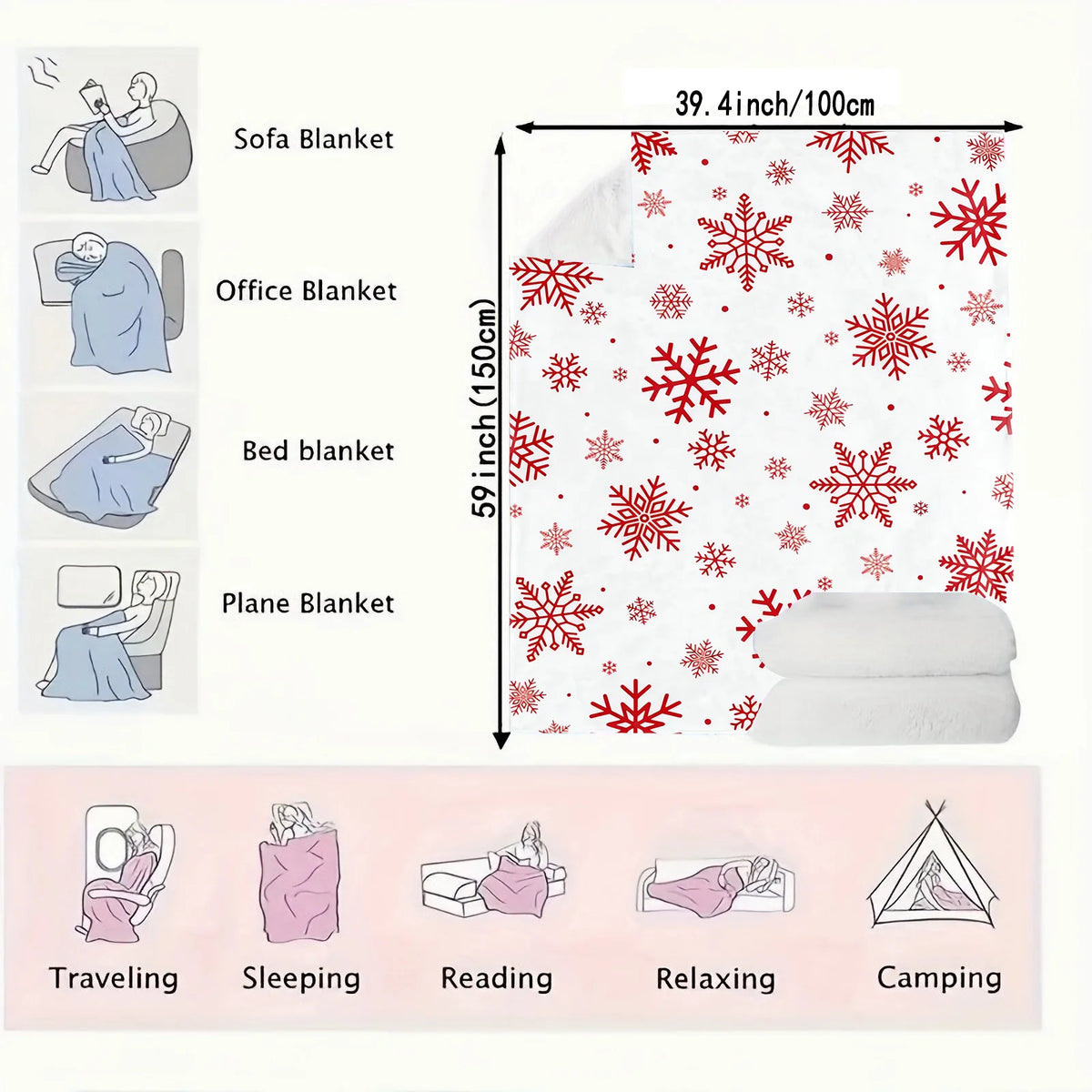 Christmas Throw Blanket, Red Snowflake Printed Flannel Fleece Blanket, Super Soft Plush Fuzzy Winter Blanket for Bed, Sofa, Couch & Holiday Home Decor
