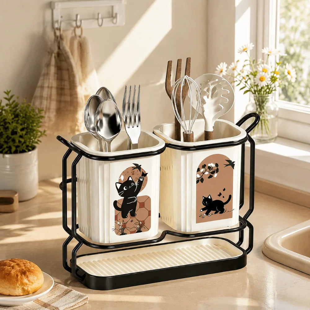 Cute Cat Kitchen Storage Basket Durable Organizer Cutlery Holder Standing No-drill Tableware Drainer Household