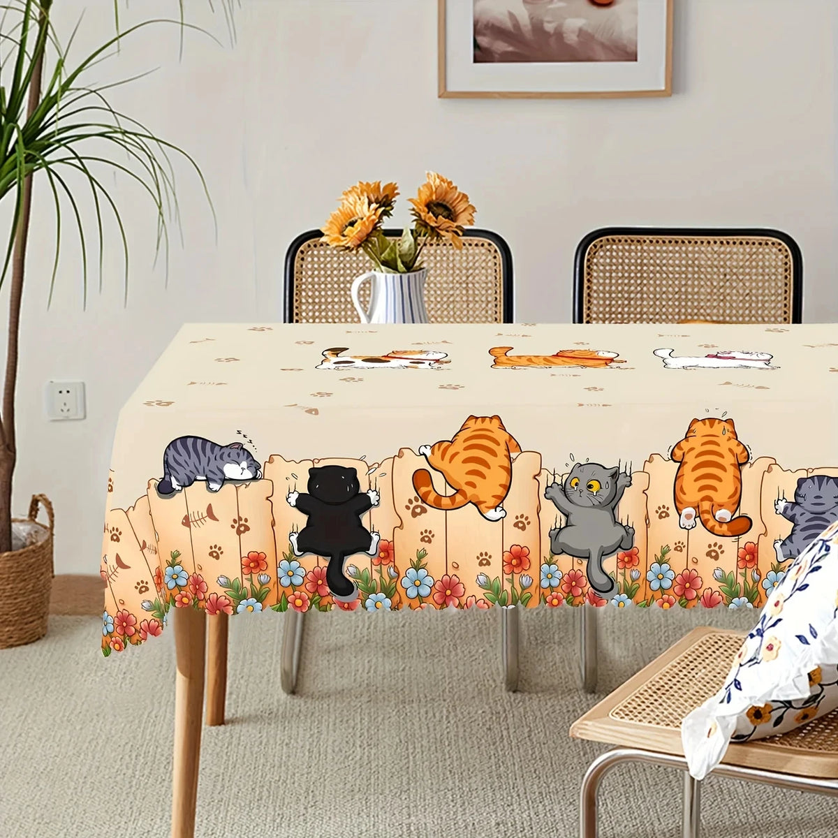 Cute Cat & Kitten Paw Print Tablecloth – Waterproof Reusable 100% Polyester Table Cover for Kitchen, Dining Room, Patio & Picnic