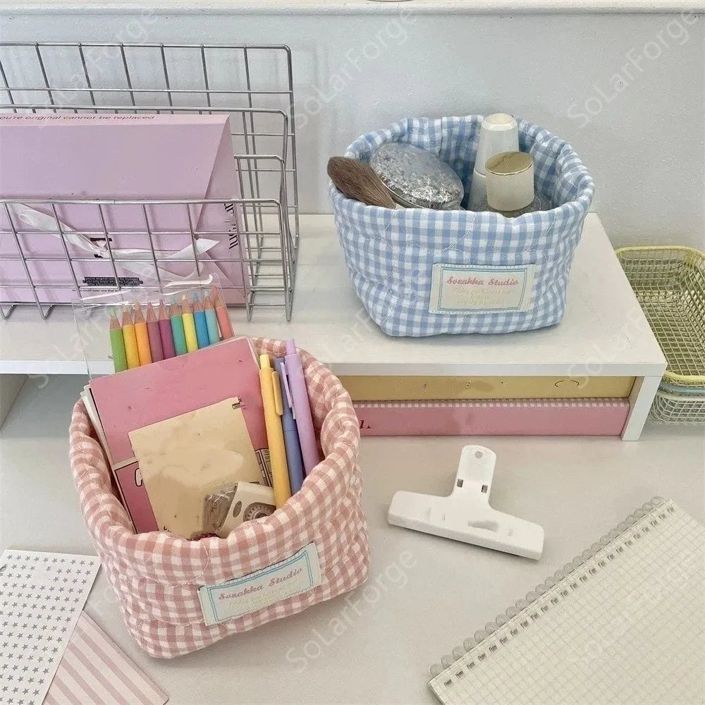 Plaid Fabric Storage Basket Household Cosmetics Stationery Toy Decorative Bins Ins Washable Miscellaneous Storage Basket