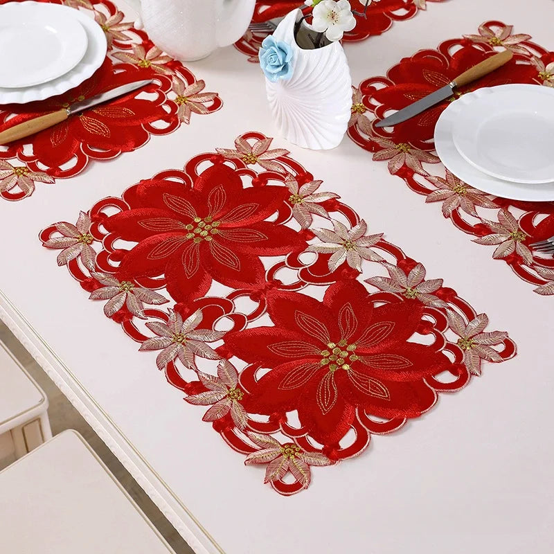 Christmas Embroidered Tablecloth Set, 28×43cm Rectangle Holiday Table Linens with Floral Design, Reusable Table Covers for Dining, Wedding, Party & Banquet Decor