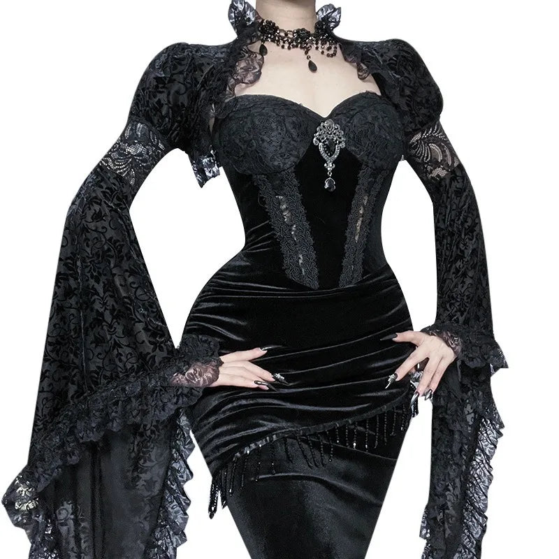 Halloween Cosplay Costume Dark Slimming Trumpet Sleeve Long Dress Gothic Theme Party Role Playing Outfits for Adult Women