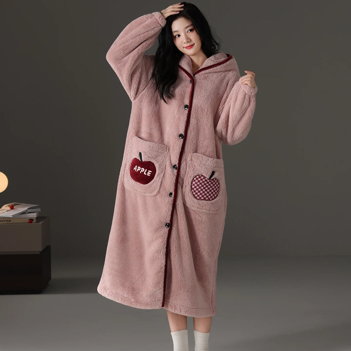 Couple Hooded Coral Fleece Pajama Set Thick Warm Sleepwear Female and Male Soft Coral Velvet Robe