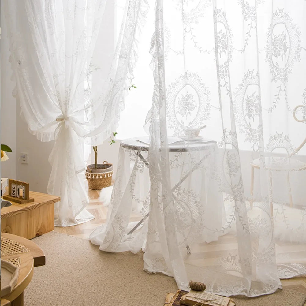 2-Piece French Lace Sheer Curtains, Ruffled Edge Floral Embroidered Polyester Curtains, Rustic Retro European Window Drapes for Bedroom, Living Room & Home Decor