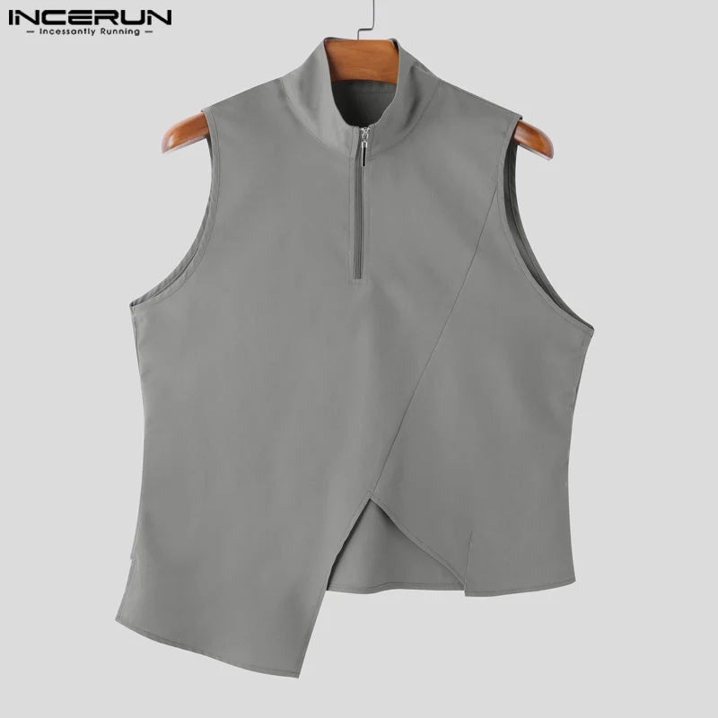 Men Tank Tops Sleeveless Streetwear INCERUN Casual Male Tops Tee Oversize Irregular Tops Zipper Summer Men's Clothing S-5XL