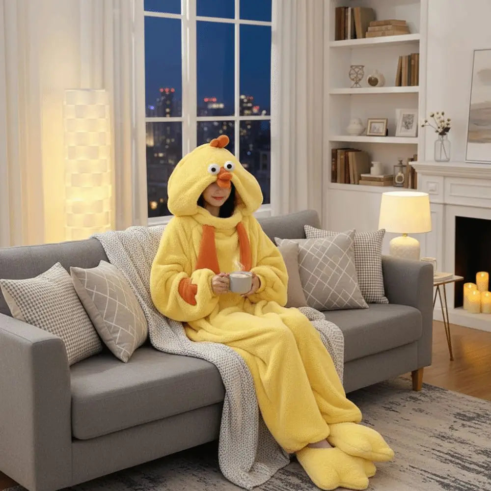 Kawaii Jumpsuits Cartoon Chicken Pajamas Funny Home Wear Coral Fleece Nightwear Warm Long Sleeve Cute Sleepwear Women Home