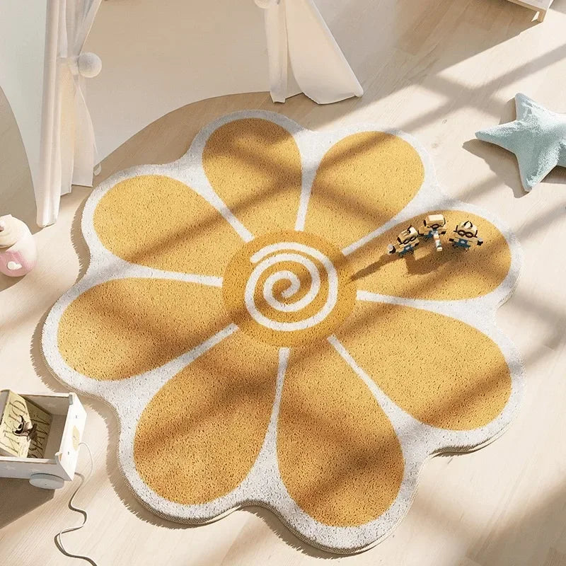 Floral Irregular Area Rug, Cute Modern Geometric Polyester Carpet with Vinyl Backing, Soft Decorative Floor Mat for Bedroom, Living Room, Study & Reading Area