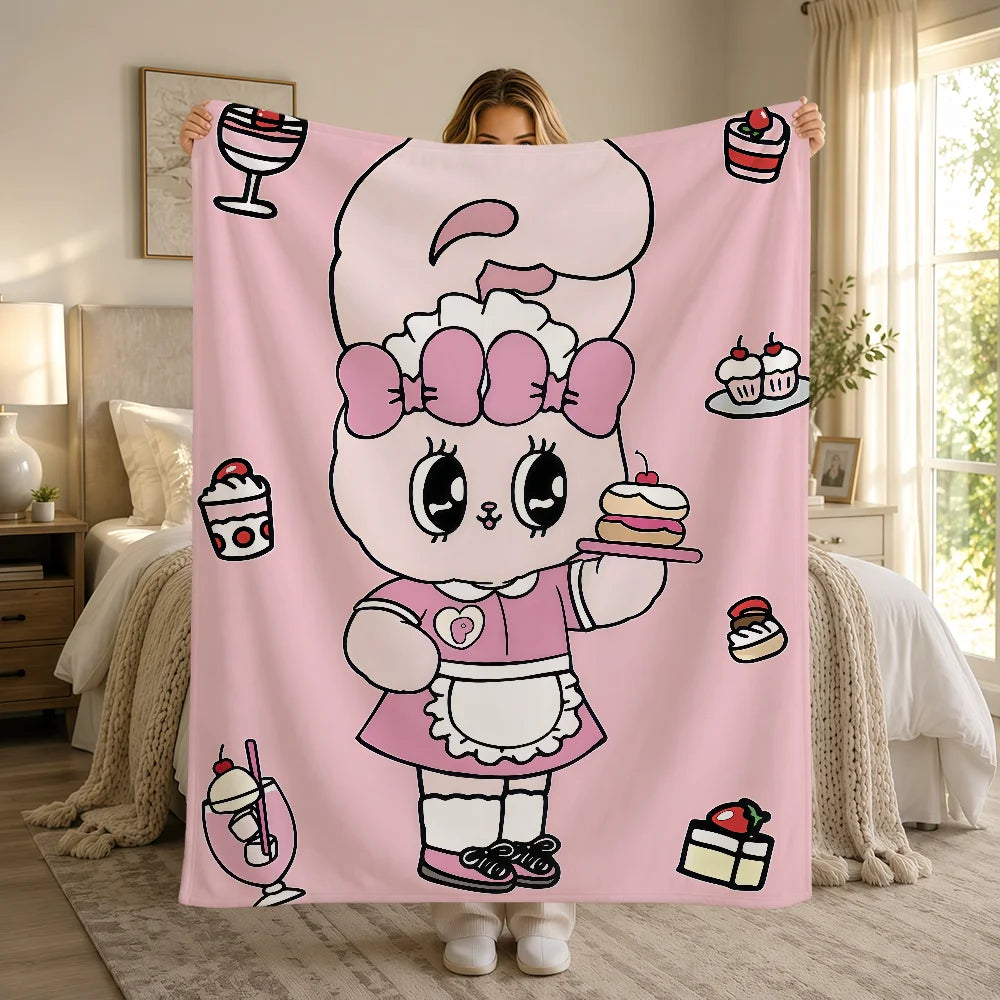 Kawaii Esther Bunny Plush Blanket – Cute Cartoon Rabbit Flannel Throw, Soft Printed Blanket for Sofa, Bed, Travel & Gifts
