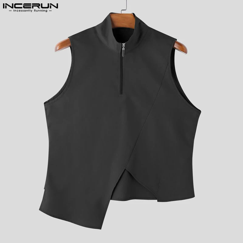 Men Tank Tops Sleeveless Streetwear INCERUN Casual Male Tops Tee Oversize Irregular Tops Zipper Summer Men's Clothing S-5XL