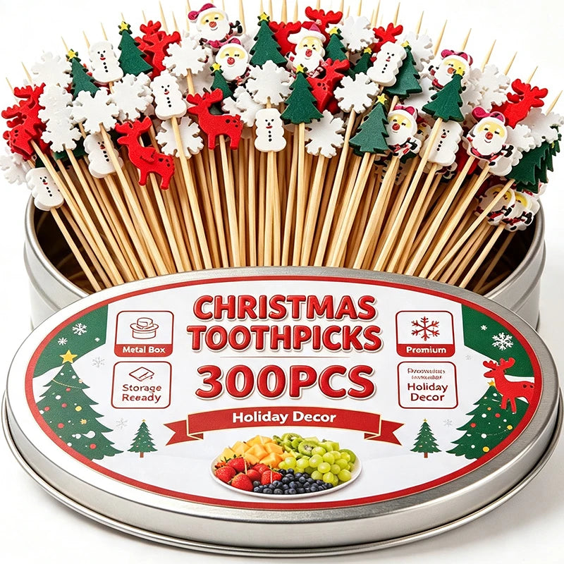 Christmas Wooden Toothpicks 100pcs/Pack, Santa Claus, Snowflake & Reindeer Cocktail Picks, Bamboo Food Picks for Cupcakes, Desserts, Drinks & Holiday Party Table Decor