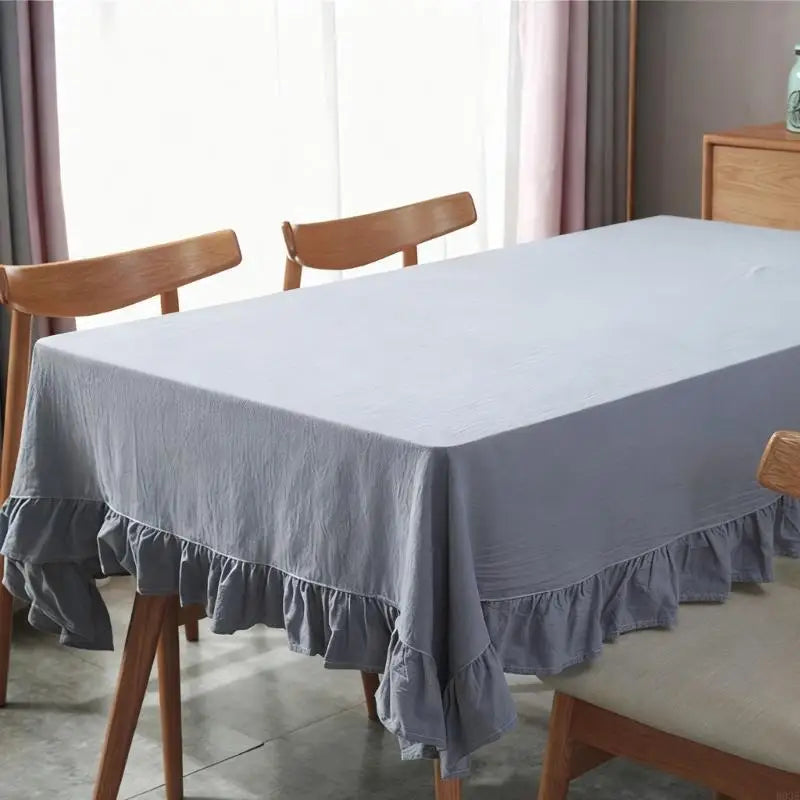 Ruffled Cotton Tablecloth, Nordic Farmhouse Rectangle Table Cover with Elegant Frilled Edge, Reusable Washable Dining Table Linen for Kitchen, Home & Holiday Decor