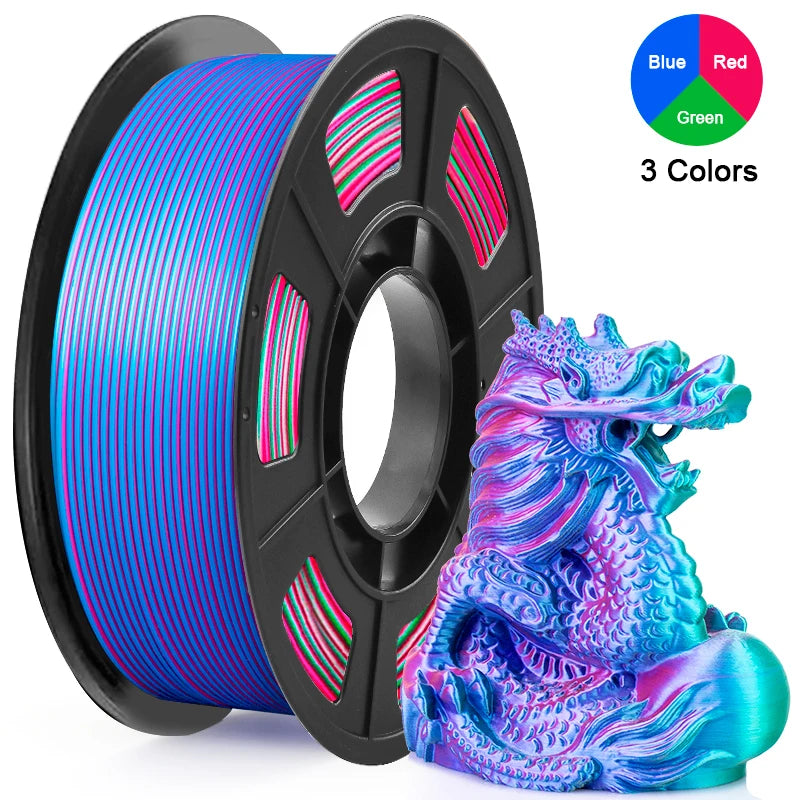 Tricolor Silk PLA 3D Printer Filament 1.75mm – Red, Blue & Green Multicolor FDM Filament, 250g