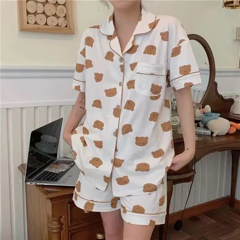 Pajamas Women Cartoon Cute Bear High Value Short Sleeve Loungewear Suit Cardigan Striped Sleepwear Large Plaid Ladies Nightwear