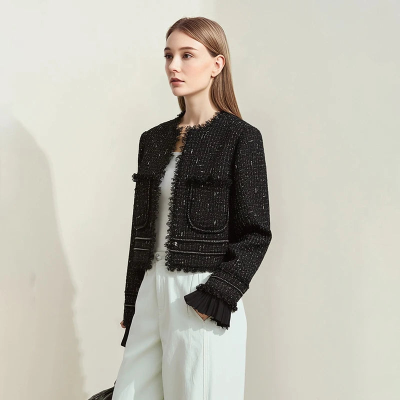 Amii Women's Jacket 2026 Autumn New Tweed Fringed Splicing Pleated