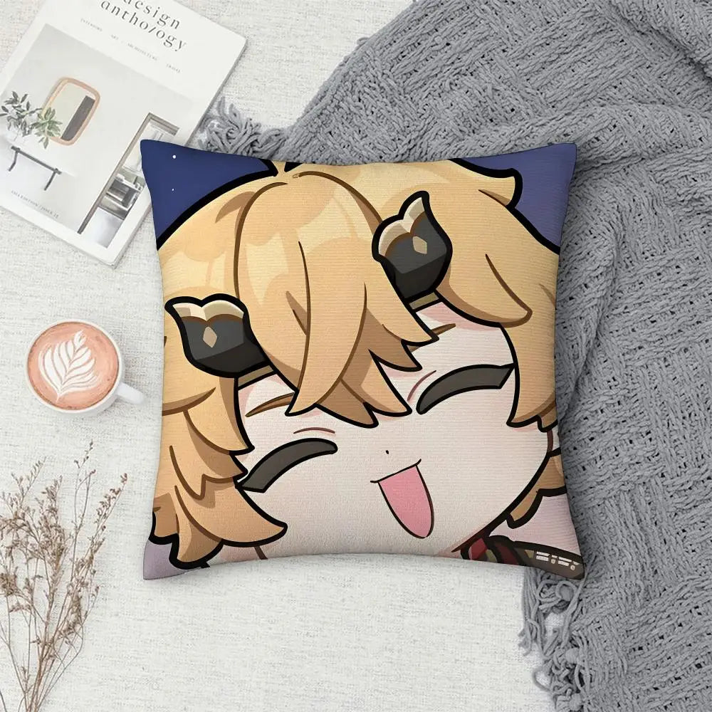 Thoma Genshin Impact Cushion Cover 40×40cm, Cute Anime Game Pillowcase with Double-Sided Print & Invisible Zipper, Soft Polyester Short Plush Sofa Pillow for Bedroom & Living Room Decor