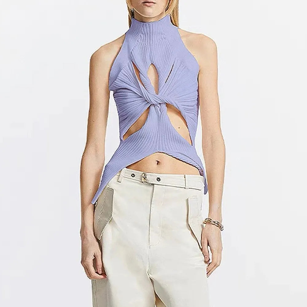 TWOTWINSTYLE Solid Hollow Out Knitting Tank Tops For Women Turtleneck Sleeveless Off Shoulder Slim Vests Female Fashion Clothing