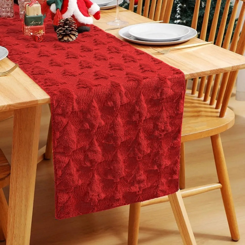 Christmas Tree Table Runner 33×183cm – Plush Embroidered & Embossed Holiday Tablecloth for Dining Table, Festive Home Decor