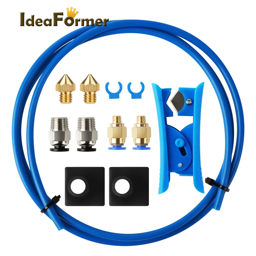 IdeaFormer 3D Printer PTFE Tube Kit – 1m 4mm Bowden Tube with PC4-M6 & PC4-M10 Fittings, MK8 Nozzles, Silicone Socks & Cutter