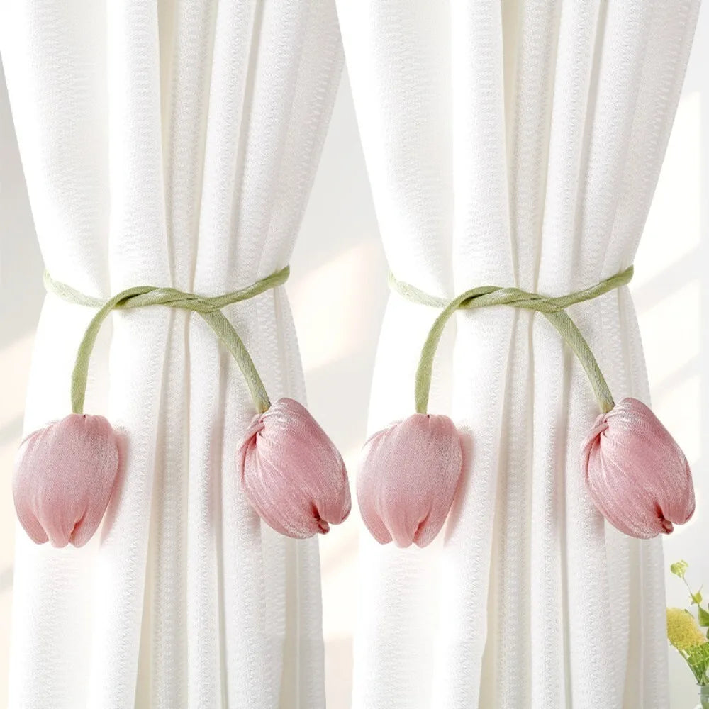 Adjustable Tulip Curtain Tiebacks, Elegant Floral Curtain Straps with Creative Design, Cotton Cloth Curtain Holdbacks for Living Room, Bedroom & Home Decor