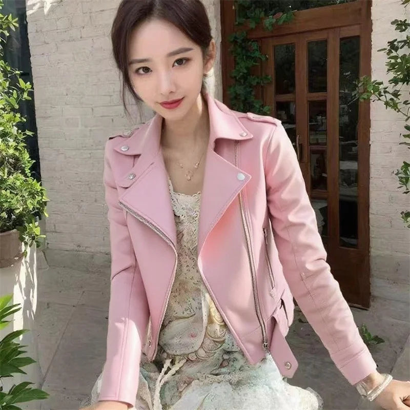 100% Women's Short PU Leather Motorcycle Jacket – Korean-Inspired Slim-Fit Jacket for Spring & Autumn