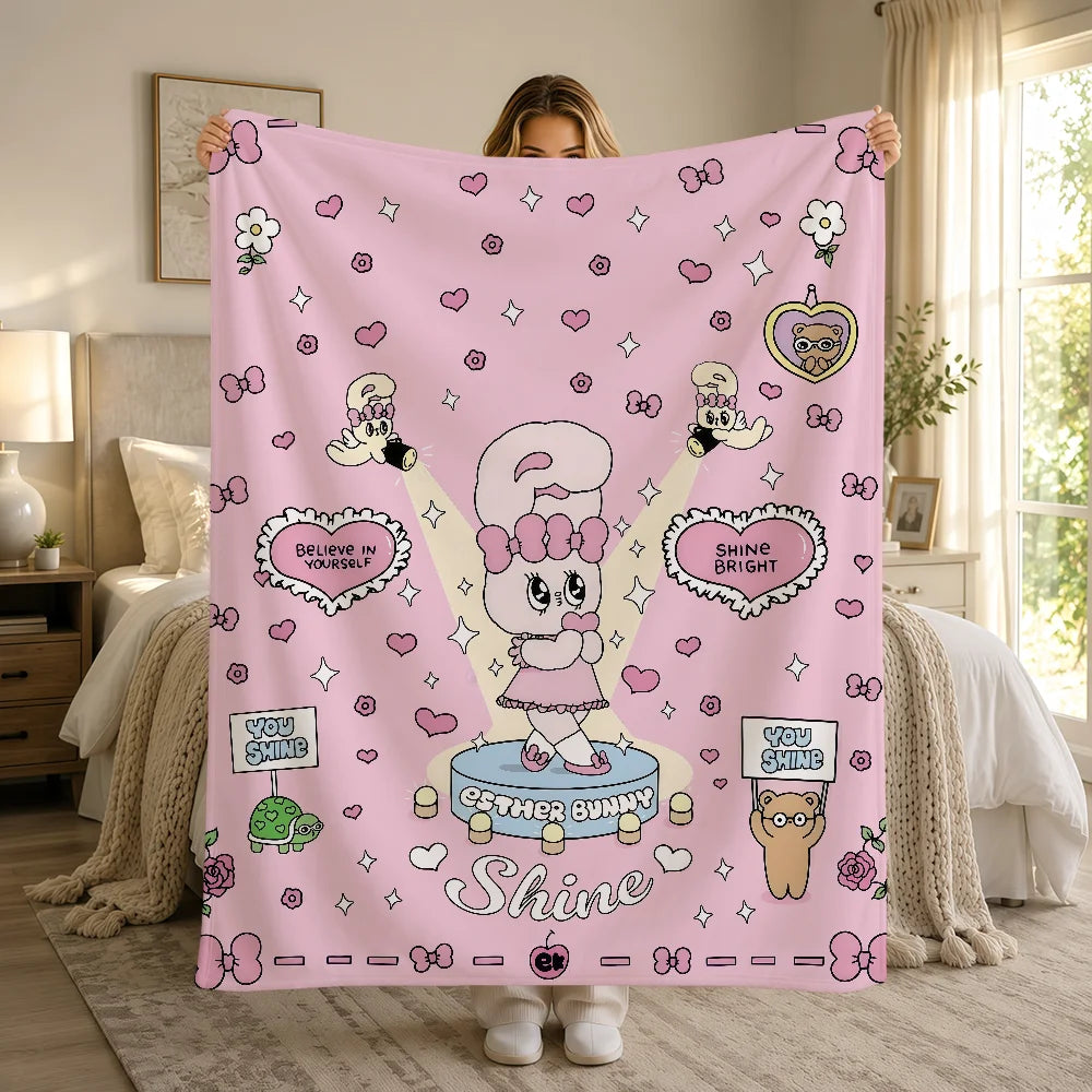 Kawaii Esther Bunny Plush Blanket – Cute Cartoon Rabbit Flannel Throw, Soft Printed Blanket for Sofa, Bed, Travel & Gifts