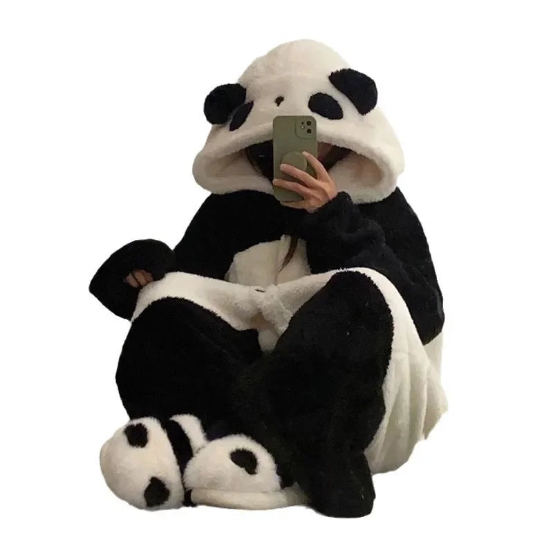 Pajama Kigurumi Cosplay Party Costume Loungewear Cartoon Panda Long Robe Jumpsuit Winter Women Thicken Coral Fleece Homewear