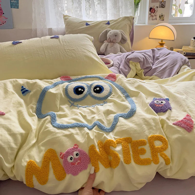 Cute Cartoon Animal Embroidery Bedding Set – 4-Piece Washed Polyester Jacquard Duvet Cover, Flat or Fitted Sheet & Pillowcases