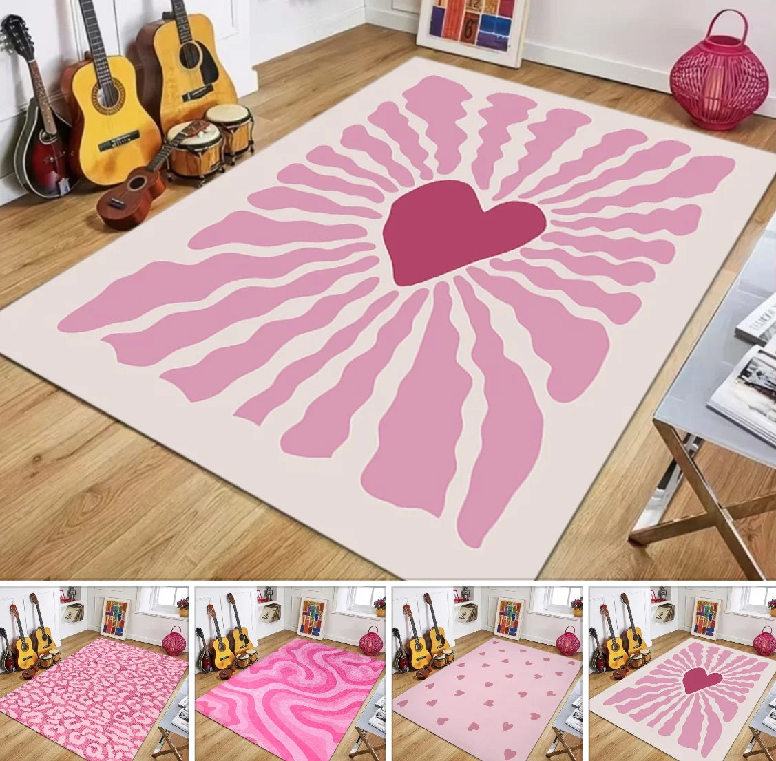 Pink Heart & Swirl Area Rug, Aesthetic Geometric Polyester Flannel Carpet with Non-Slip PP Backing, Soft Decorative Floor Mat for Bedroom, Living Room & Home Decor