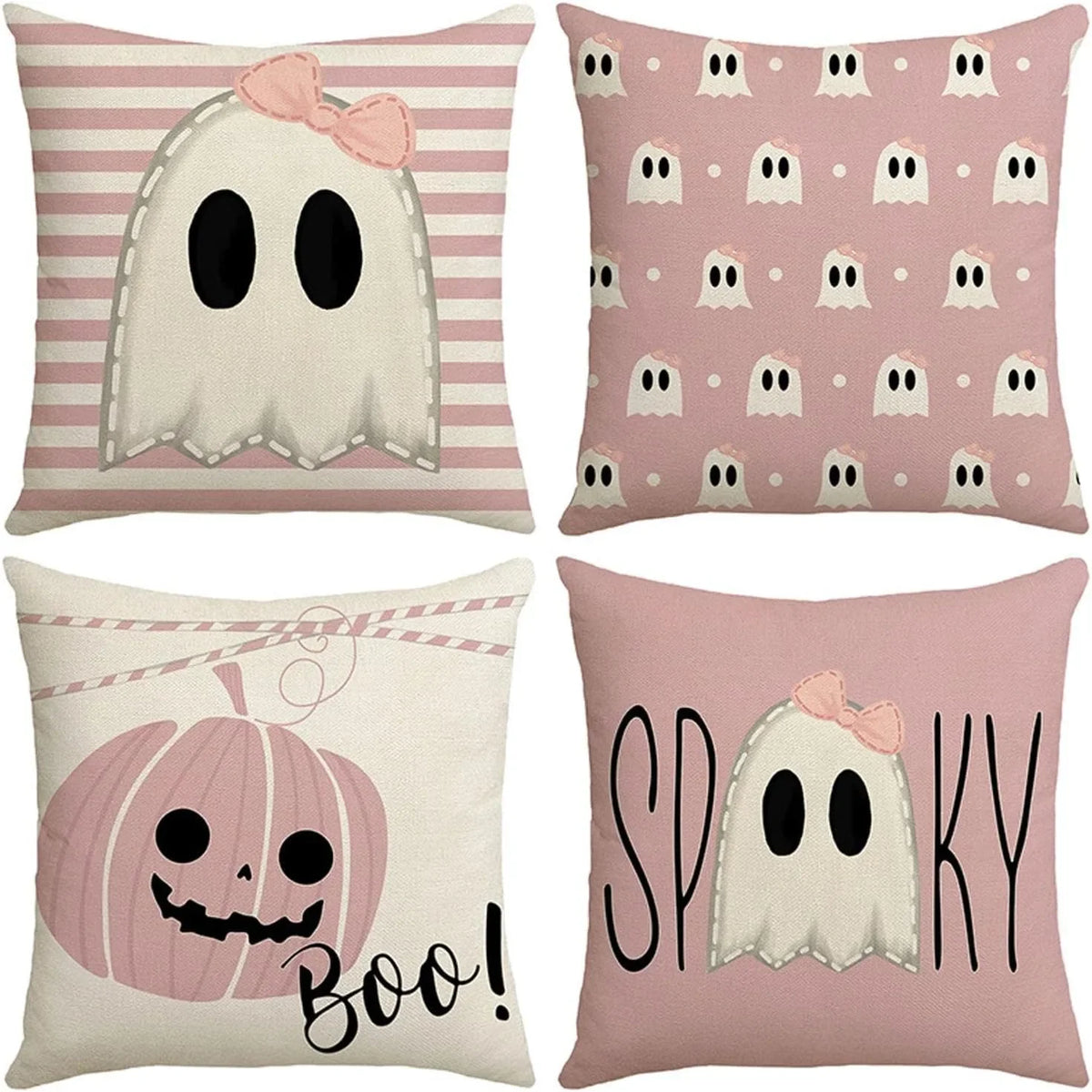 Pink Halloween Pillow Cover – Cute Ghost & Pumpkin Printed Cushion Case for Sofa, Couch & Bedroom, Spooky Holiday Decor Gift