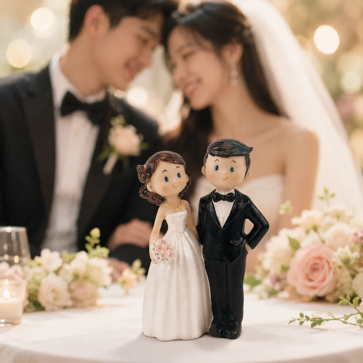 Cute Bride & Groom Wedding Cake Topper – Mini Couple Figurine Statue for Wedding Cake & Bridal Shower Decor, 1PC