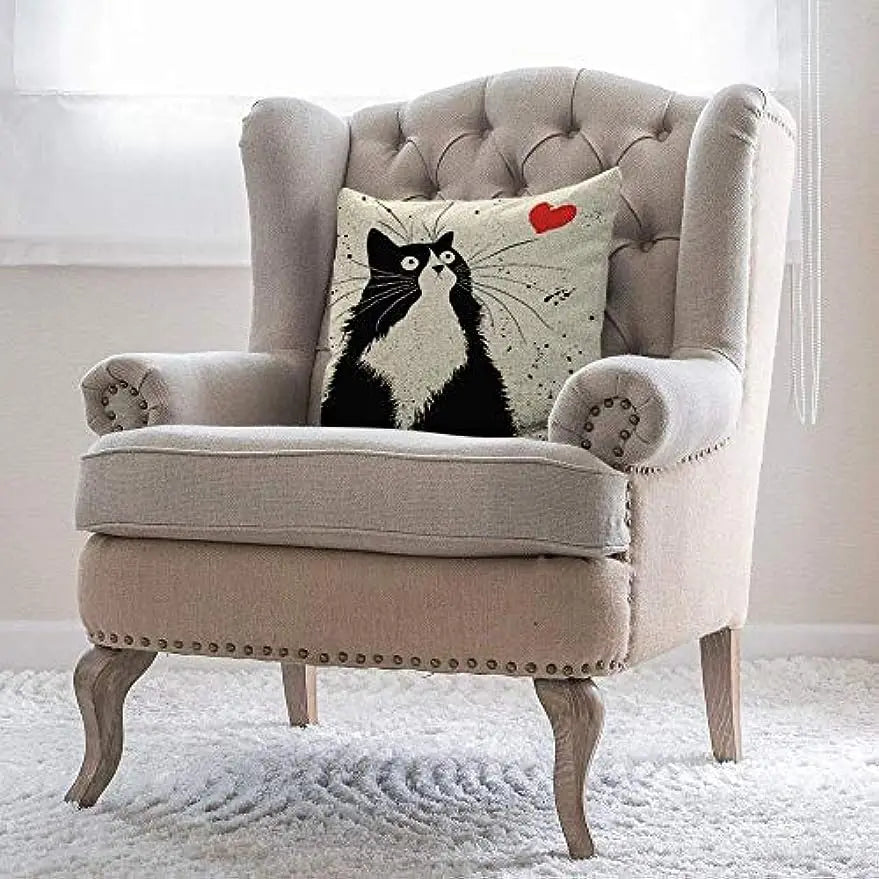 Cute Cat Linen Pillow Cover 45×45cm, Printed Square Decorative Cushion Case with Hidden Zipper, Linen-Cotton Sofa Pillowcase for Living Room, Bedroom, Chair & Home Decor