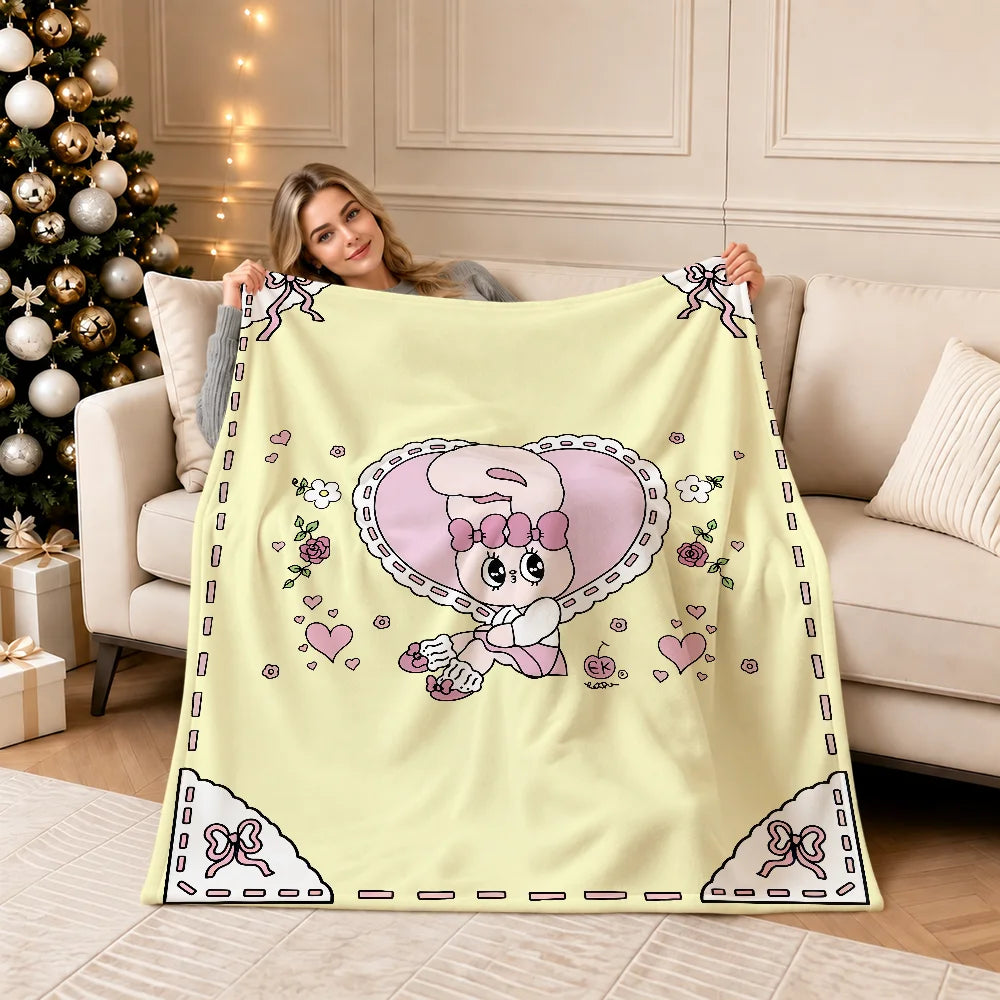 Kawaii Esther Bunny Plush Blanket – Cute Cartoon Rabbit Flannel Throw, Soft Printed Blanket for Sofa, Bed, Travel & Gifts