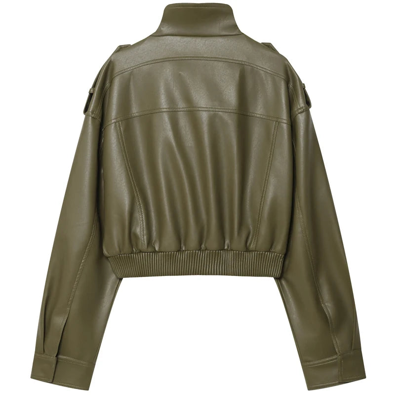 Women's Jacket Faux Leather Jacket Green Women's Demi-Season Jacket