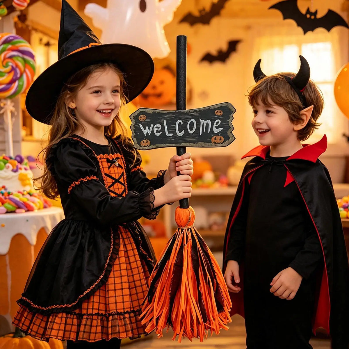 Animated Witch Broom Halloween Decor Motion Sensor Light Up Floating Moving Prop Spooky Dancing Decoration for Haunted House