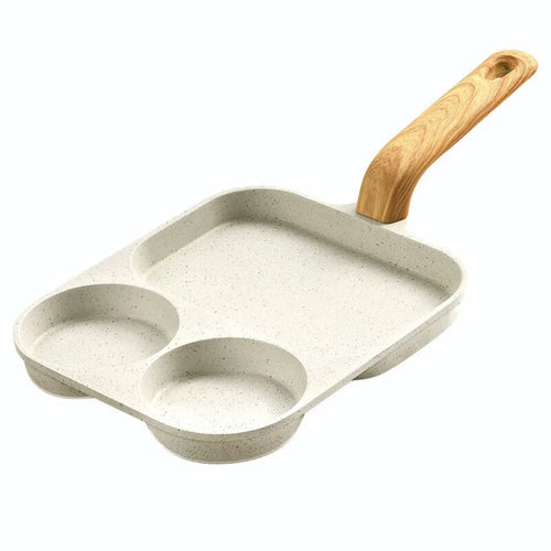 3-in-1 Nonstick Breakfast Frying Pan – Multi-Section Aluminum Egg & Breakfast Skillet with Wooden Handle, 22 × 19cm