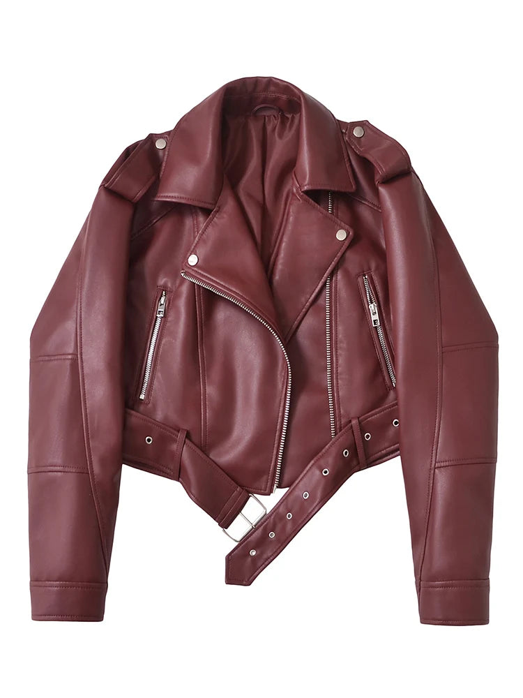 Women's Cropped Burgundy Faux Leather Moto Jacket - Belted PU Leather Biker Jacket