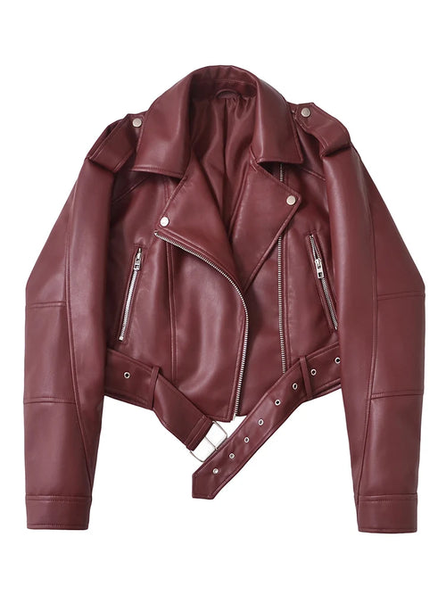 Women's Cropped Burgundy Faux Leather Moto Jacket - Belted PU Leather Biker Jacket