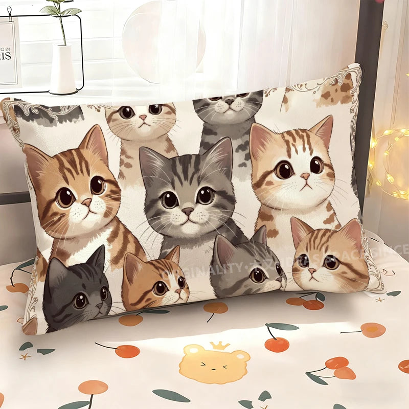 Cute Cat Pillow Cover, Rectangular Printed Polyester Peachskin Cushion Case, Single-Sided Cat Pattern Throw Pillowcase for Sofa, Bedroom, Bed, Car & Home Decor