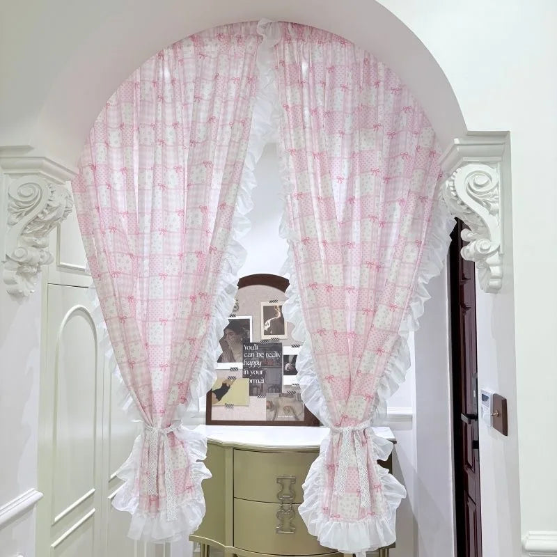 Cute Pink Bow Short Curtain, Small Decorative Dormitory & Bed Curtain, Jacquard Fabric Panel for Cabinet, Door, Window & Room Decor