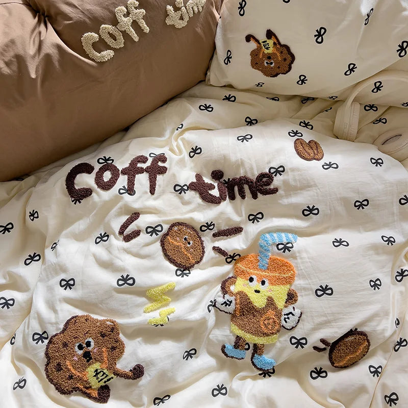 Cute Cartoon Animal Embroidery Bedding Set – 4-Piece Washed Polyester Jacquard Duvet Cover, Flat or Fitted Sheet & Pillowcases