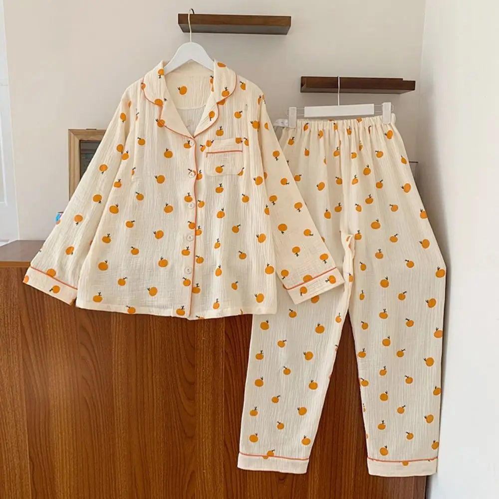 Fashion V-neck Fruits Pajamas Suit Loose Homewear Two Piece Nightwear Short-sleeves Sweet Women Short Sleepwear Summer Autumn