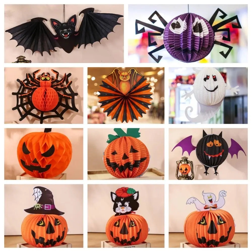 Creative Bat Halloween Party Prop Ghost Spider Halloween Paper Pendant Witch Hat Foldable Pumpkin Lantern Outdoor