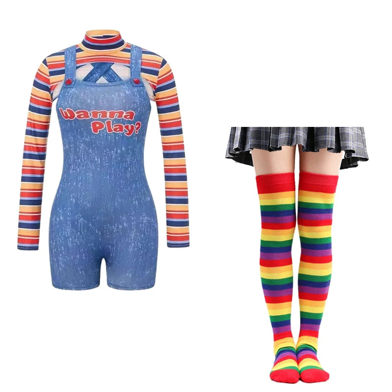 Halloween Costumes for Women Scary Nightmare Killer Doll Wanna Play Movie Character Chucky Doll Costume With Stockings