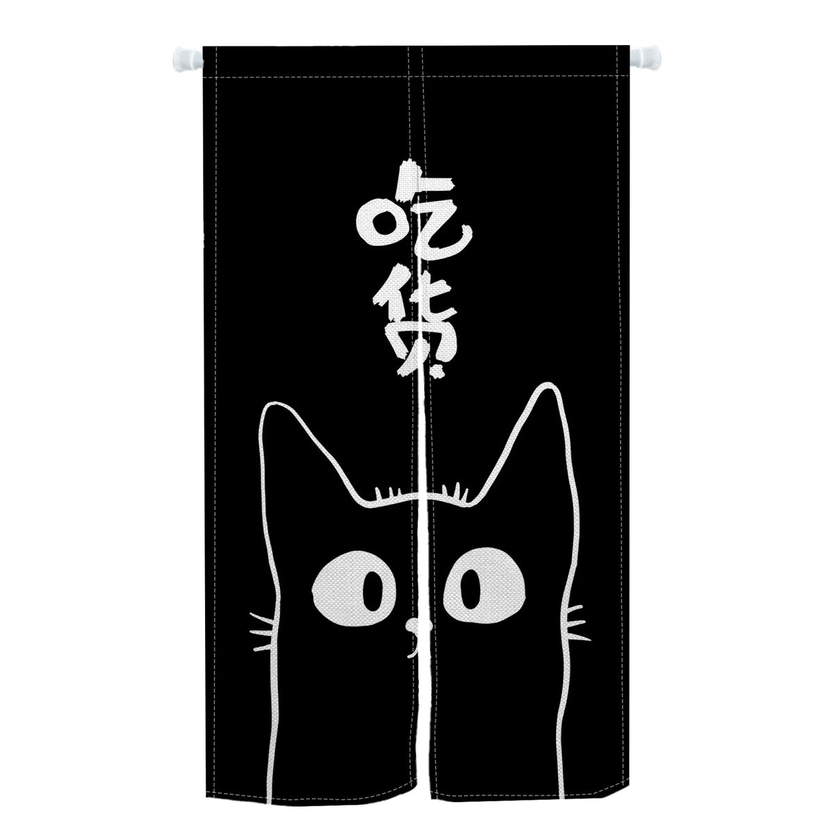 Cute Cat Japanese Noren Door Curtain, Black & White Cartoon Half Curtain for Bedroom, Kitchen & Doorway, 1-Panel Linen Room Divider for Home Decor