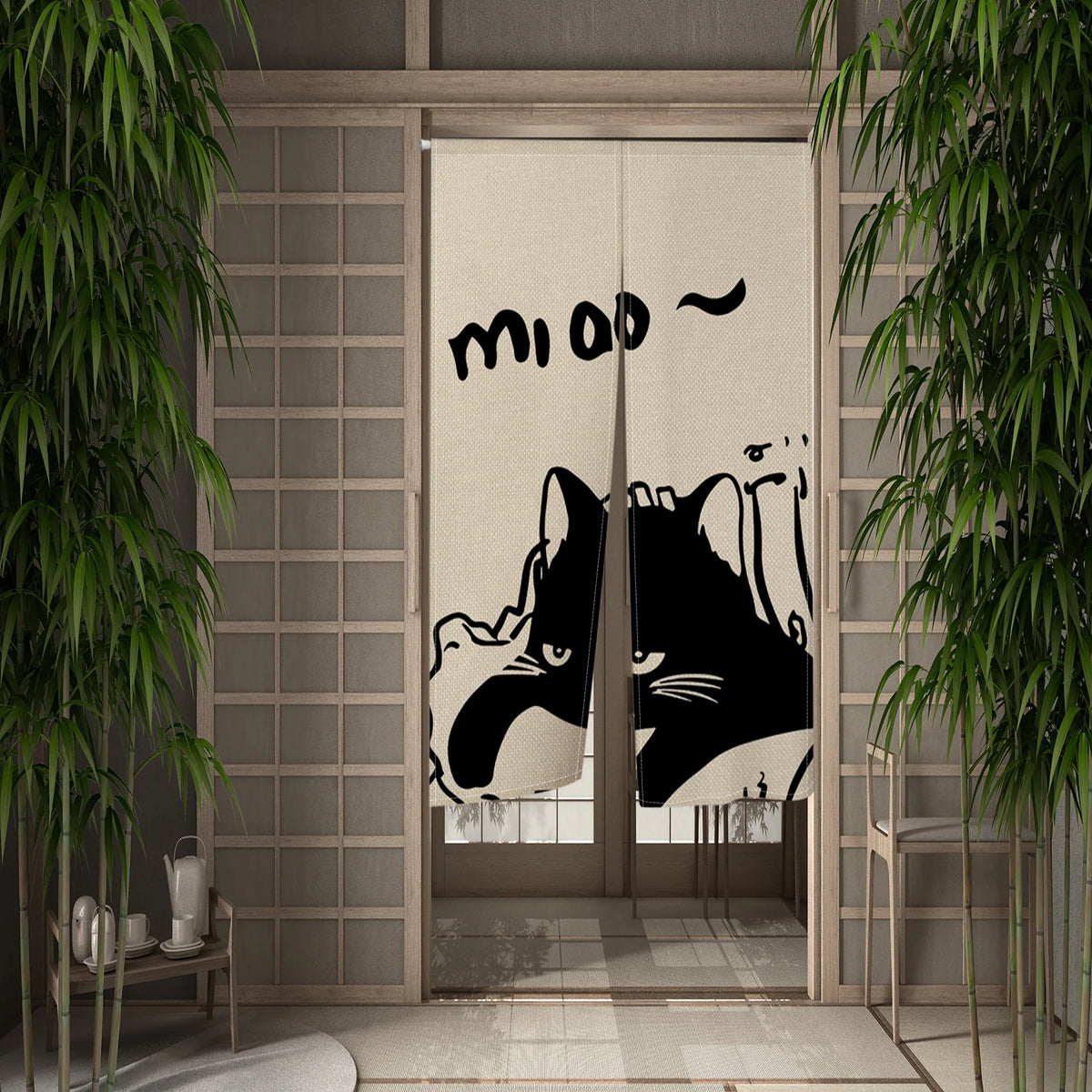 Cute Cat Japanese Noren Door Curtain, Black & White Cartoon Half Curtain for Bedroom, Kitchen & Doorway, 1-Panel Linen Room Divider for Home Decor