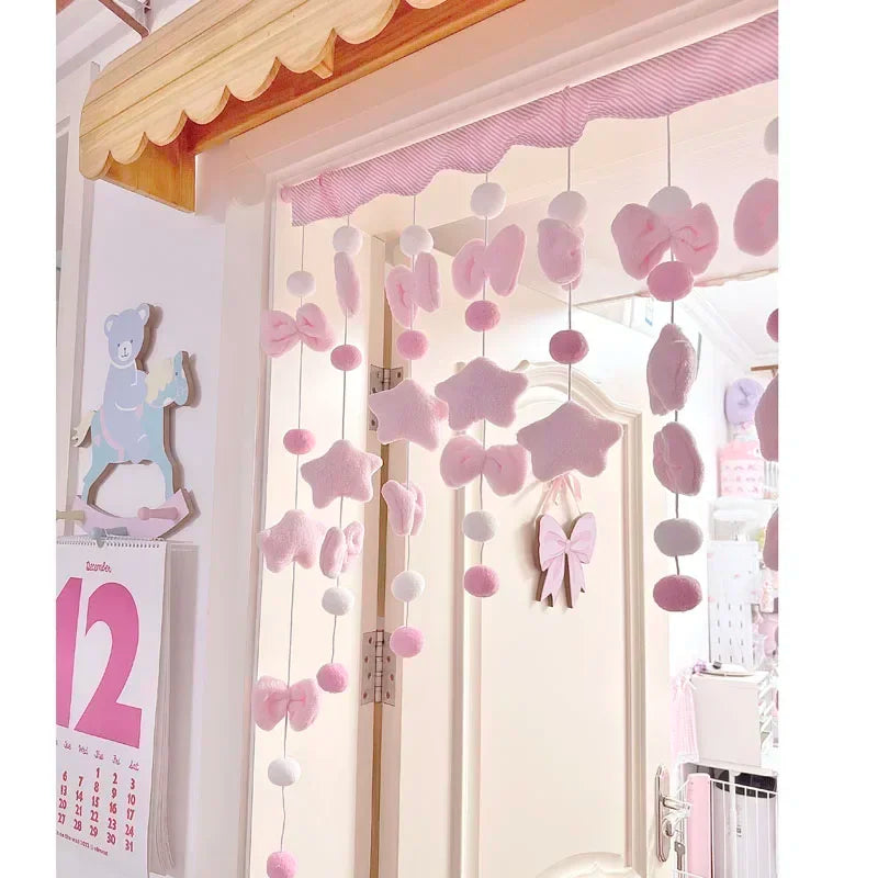 Pink Bow Short Curtain, Cute Kawaii Velvet Door & Window Curtain with Velcro Installation, Soft Decorative Thread Partition for Girls’ Bedroom, Dormitory & Bathroom